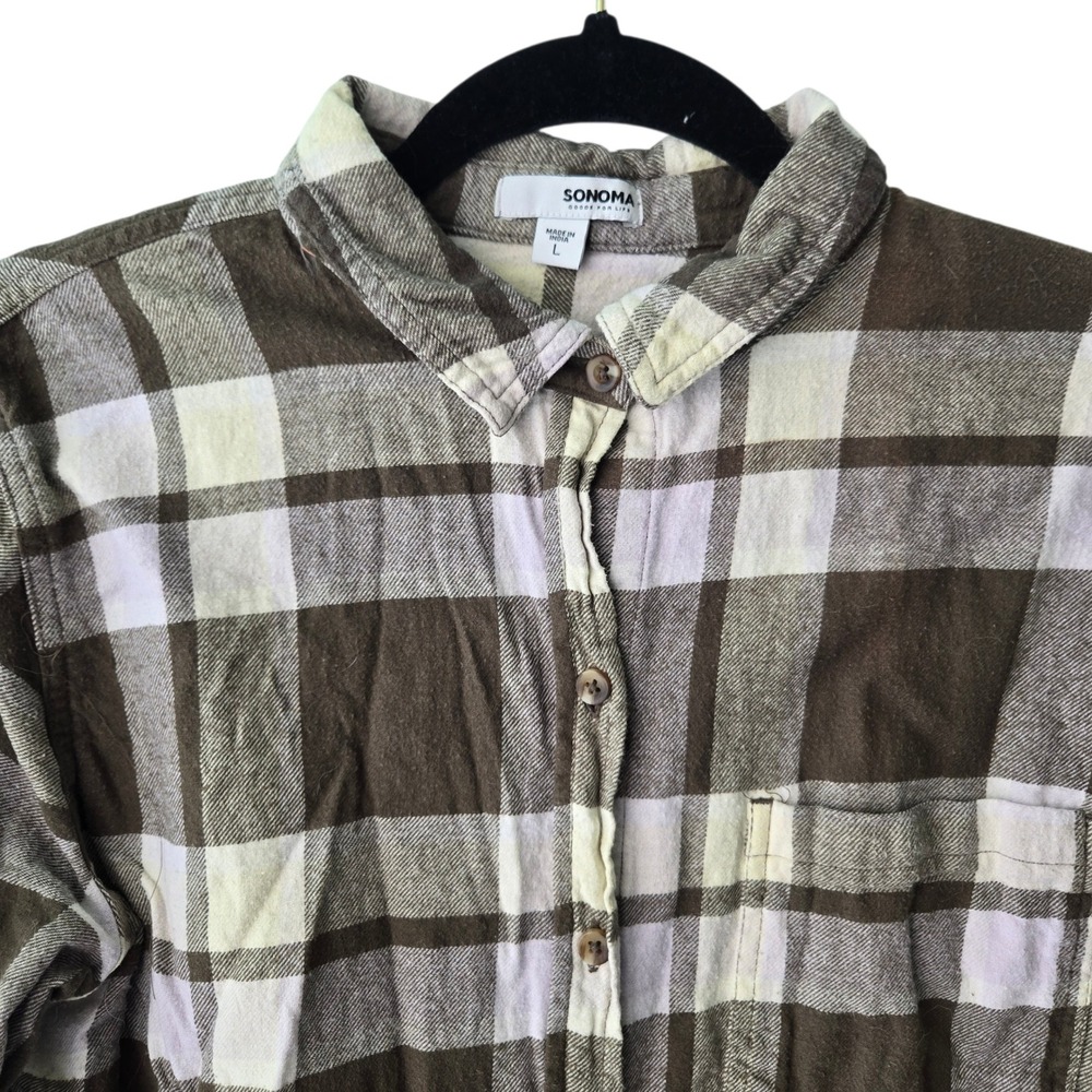 Sonoma Goods For Life Brown Plaid Flannel Button‎ Down Shirt Womens L Camp Hike